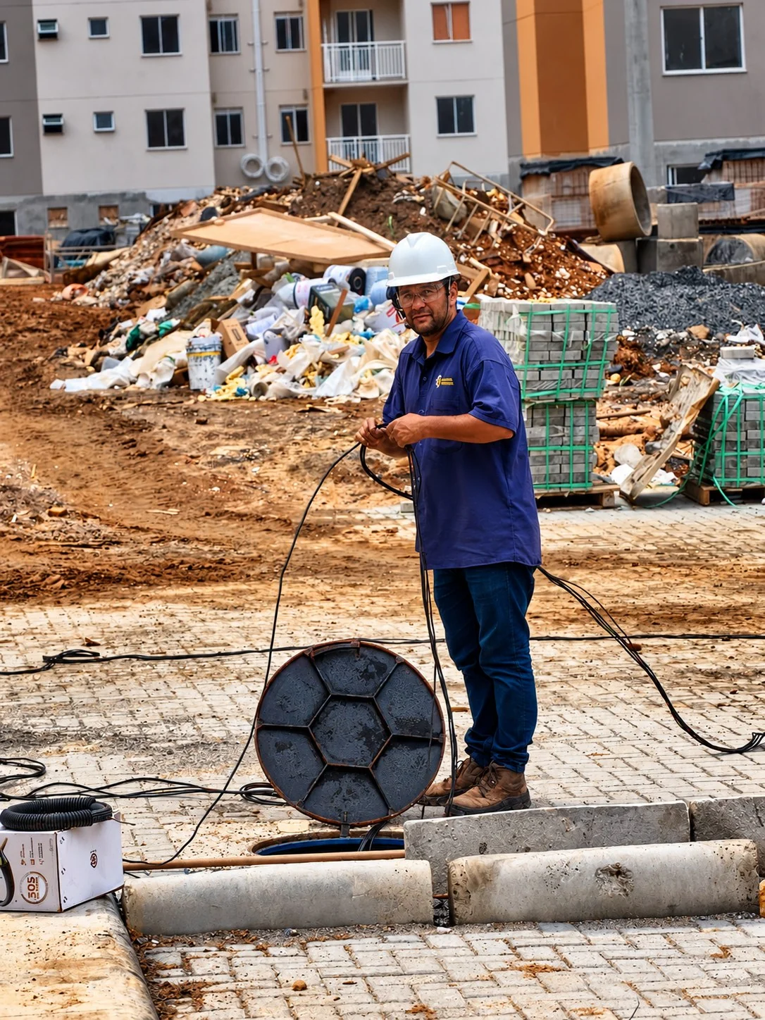 Técnico realizando infraestrutura de segurança eletrônica em campo